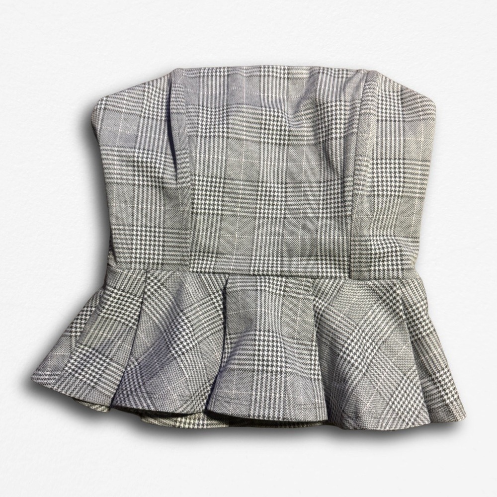 Lucid Pink Grey Plaid Strapless Peplum Tube Top Sweetheart Neckline Zipper Back‎